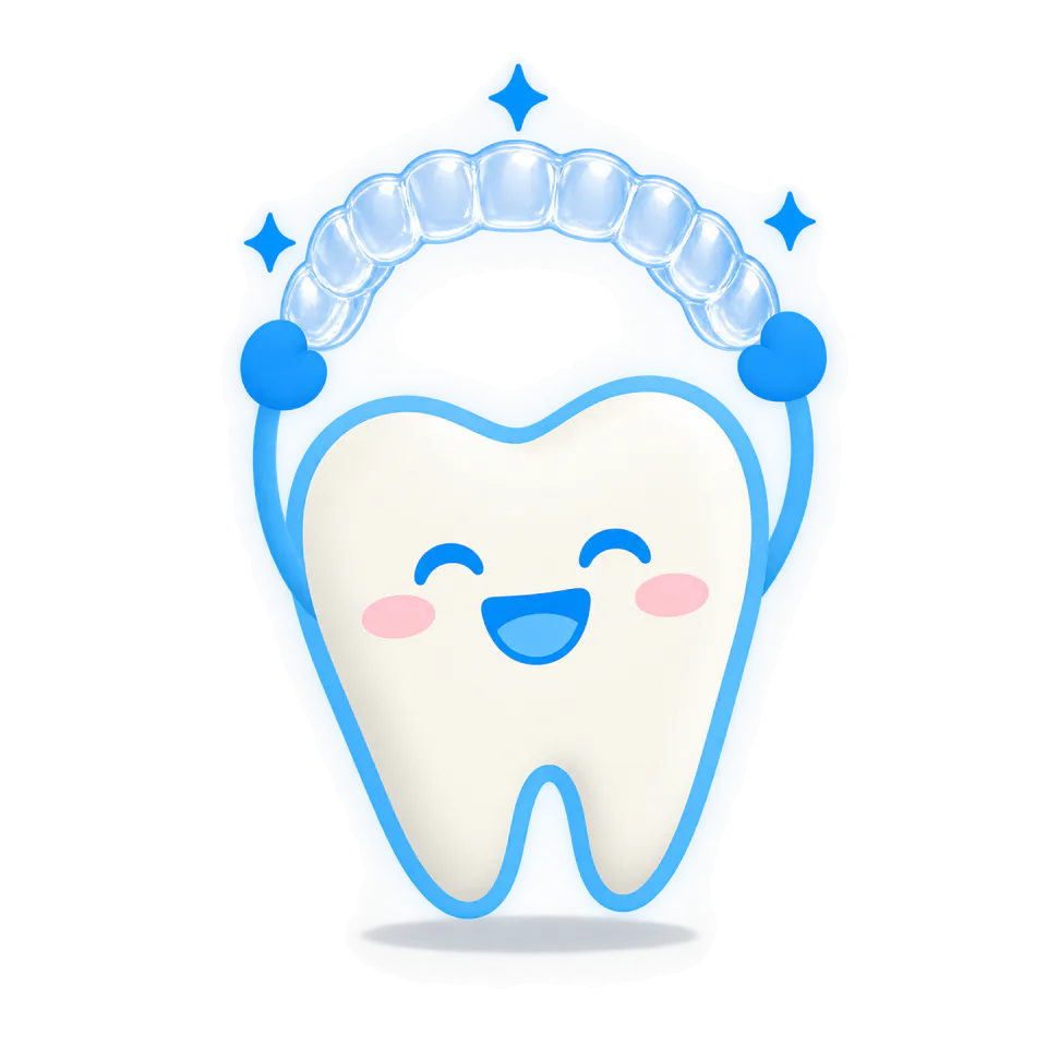 Braceys tooth mascot holding a clear aligner tray overhead like a trophy